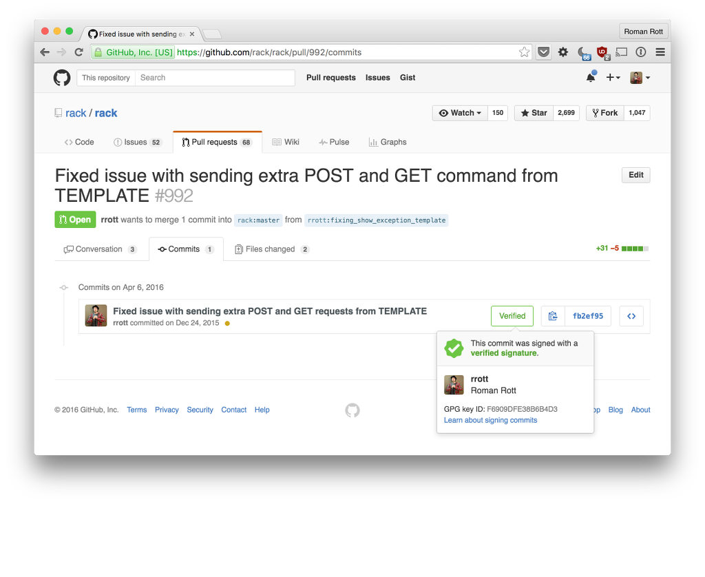 Commit in GitHub signed by gpg